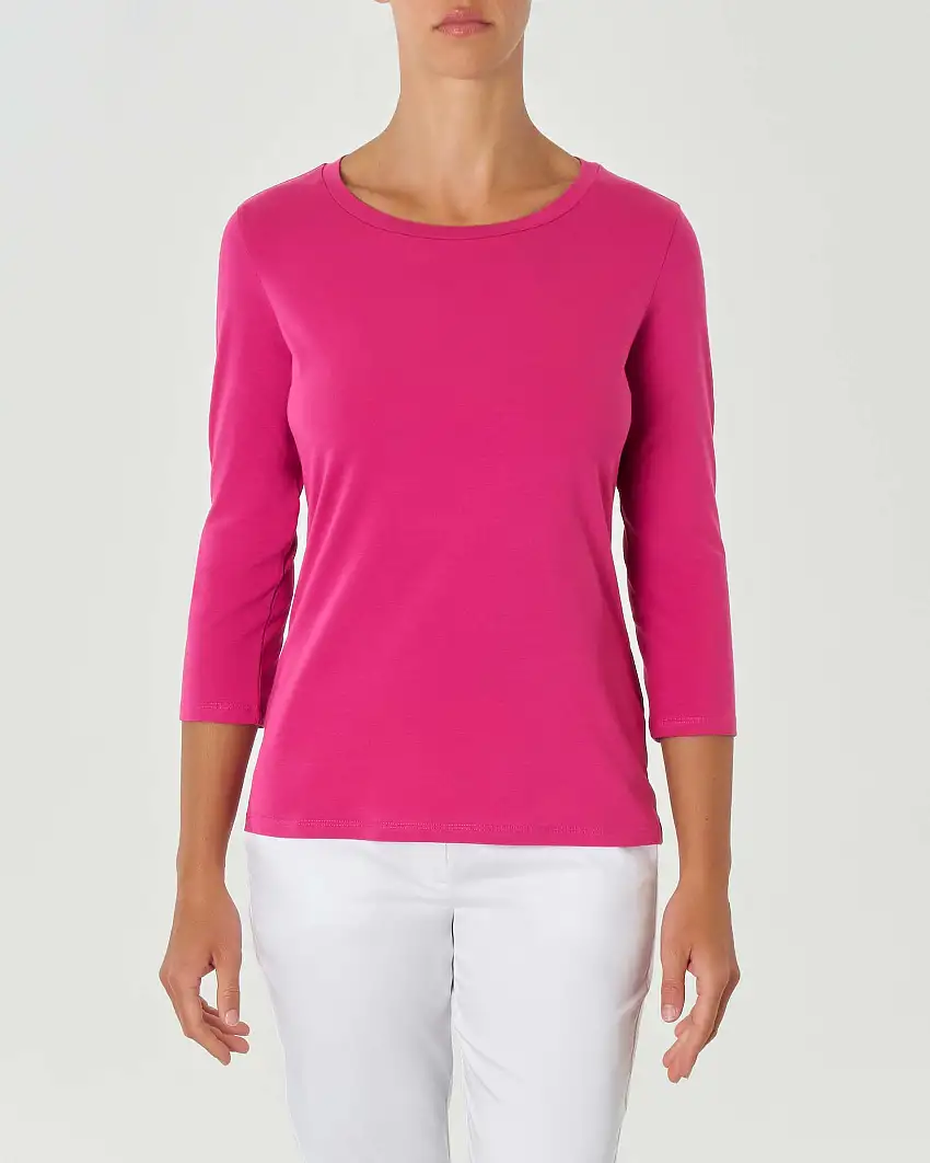 T-shirt fucsia in jersey di cotone stretch con maniche a tre quarti
