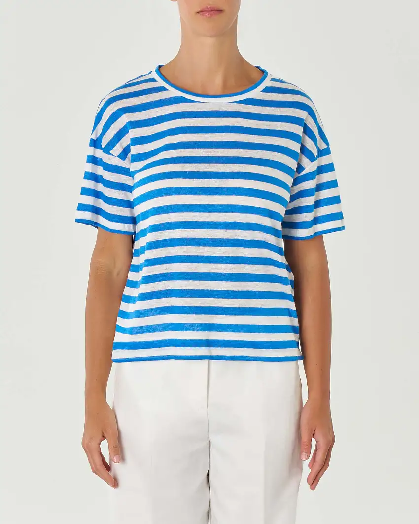 T-shirt bianca a righe blu China in lino con spacchetti laterali