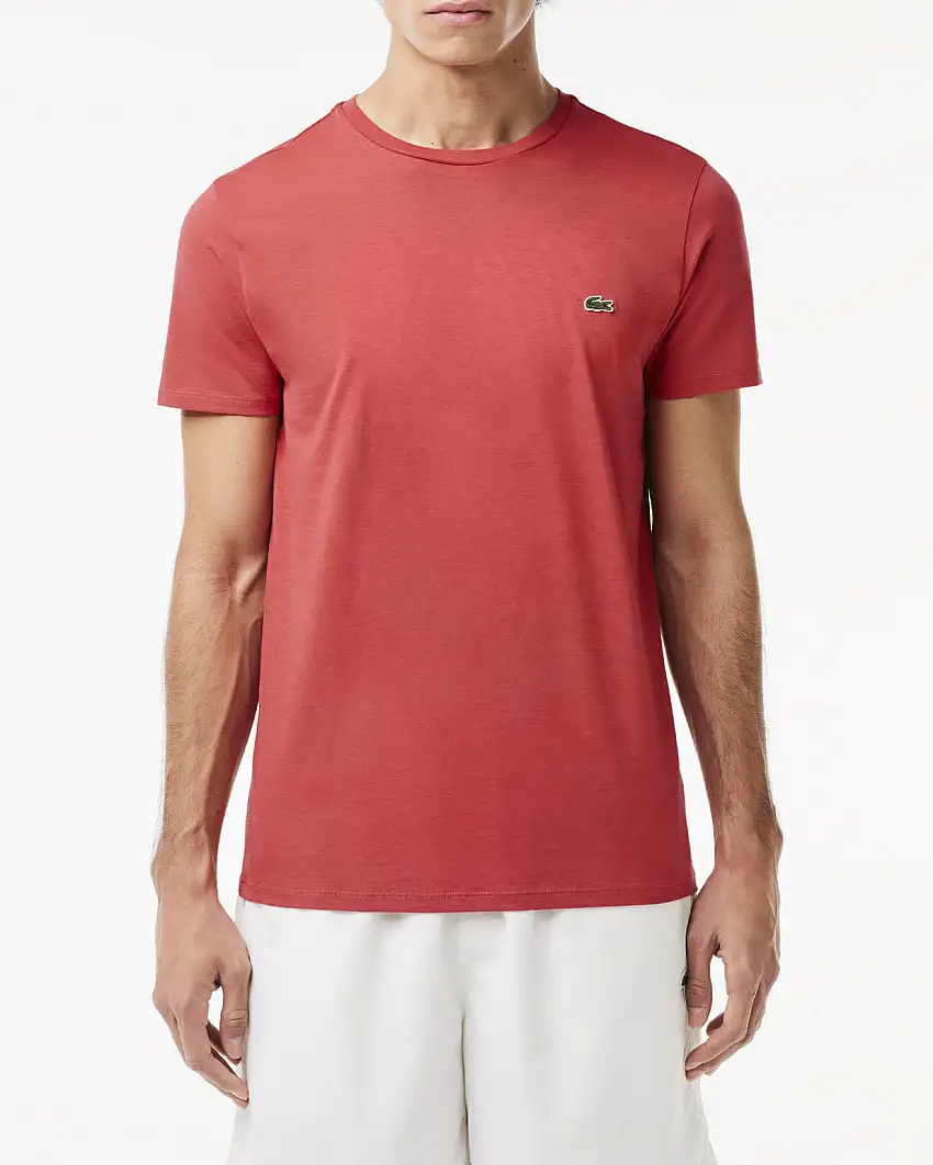 T-shirt corallo in pima cotton con logo coccodrillo verde