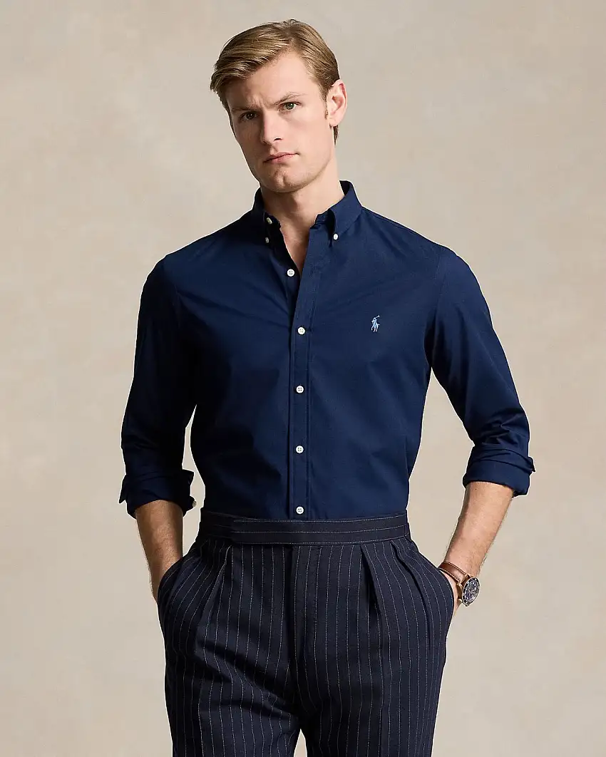 Camicia Polo Ralph Lauren blu in popeline di cotone stretch con colletto button down