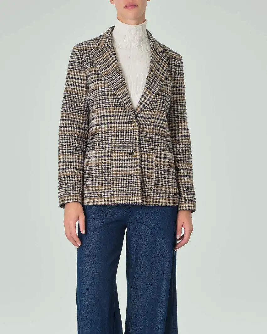 Blazer in misto lana e cotone a fantasia check blu e color senape