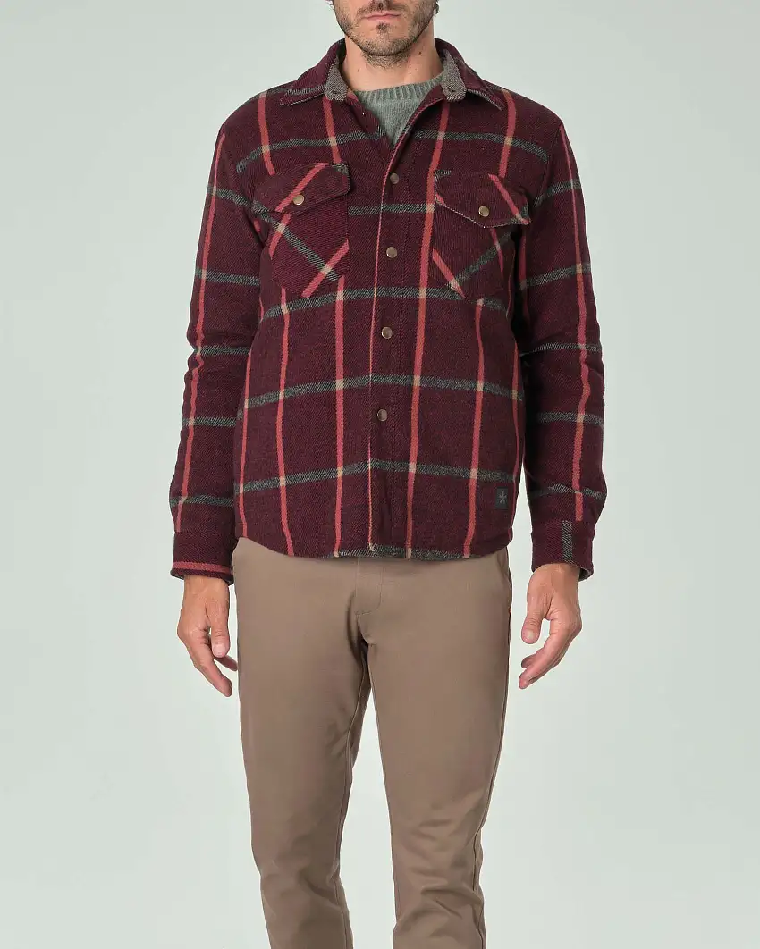 Giacca camicia imbottita in panno di lana bordeaux a quadri grigi