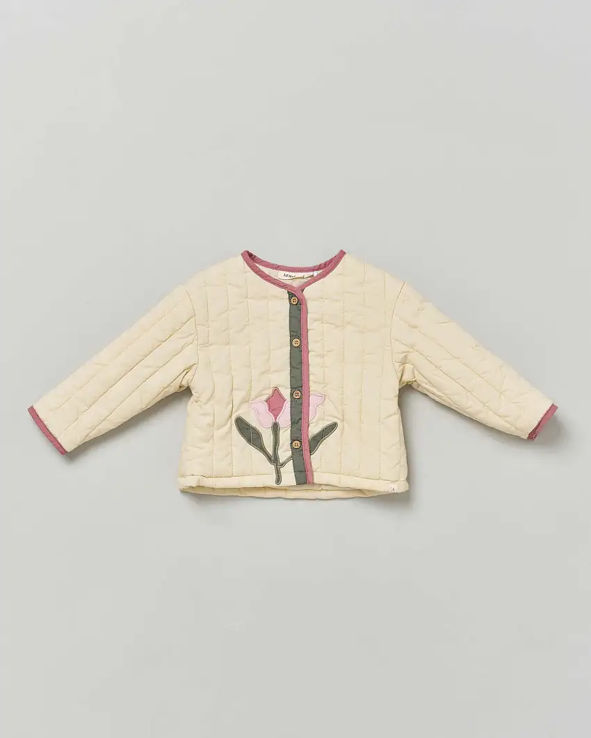 Giacca camicia color panna in cotone trapuntato con ricamo floreale