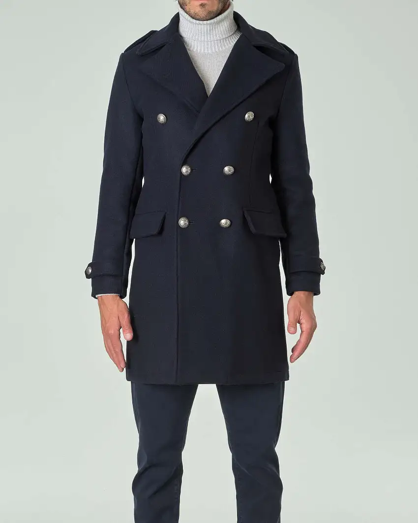 Cappotto doppiopetto blu in panno di lana