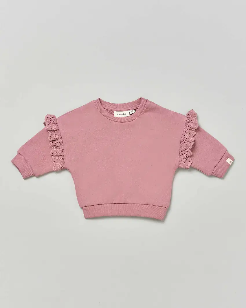 Felpa malva in cotone con rouches in sangallo 1-18 mesi