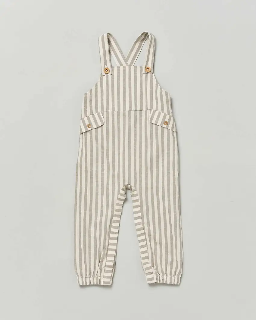 Salopette in cotone e lino a fantasia rigata salvia e bianca