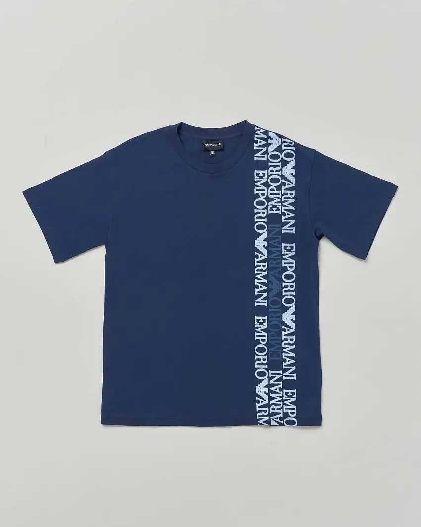 T-shirt Emporio Armani blu in cotone a mezza manica con scritte logo verticali