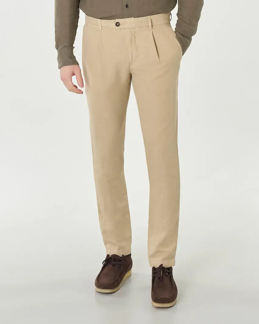 Pantaloni chino beige in misto lino e cotone