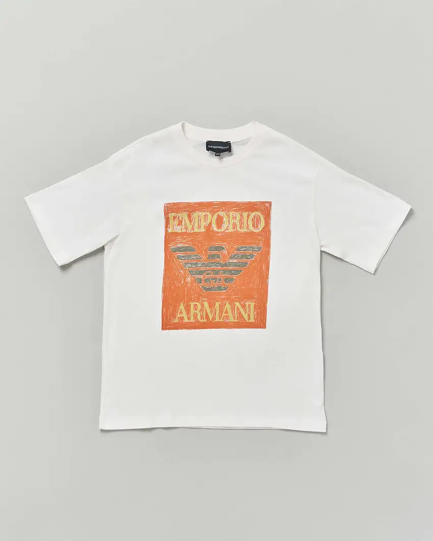 T-shirt Emporio Armani bianca in cotone a maniche corte con maxi stampa logo arancione