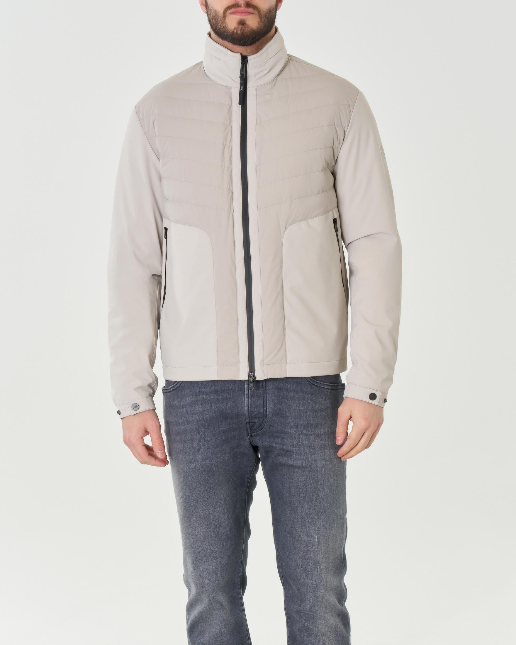 Giubbino bi-materiale ghiaccio in tessuto tecnico stretch e nylon trapuntato