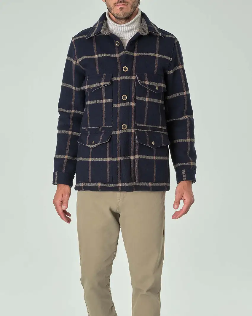 Cappotto in panno di lana blu a quadri color noce