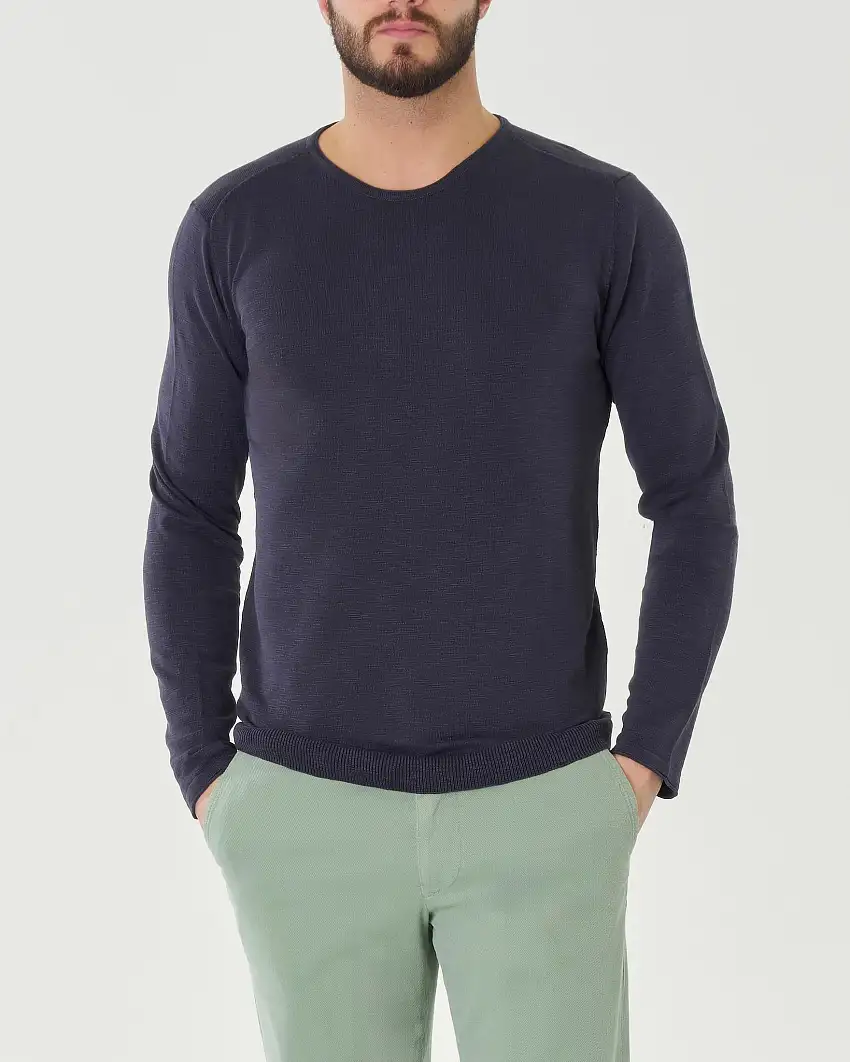 Maglia girocollo blu in puro cotone effetto fiammato