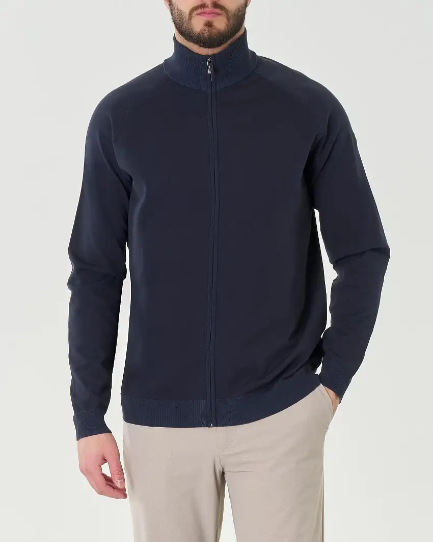 Maglia blu in cotone con chiusura zip e maniche raglan