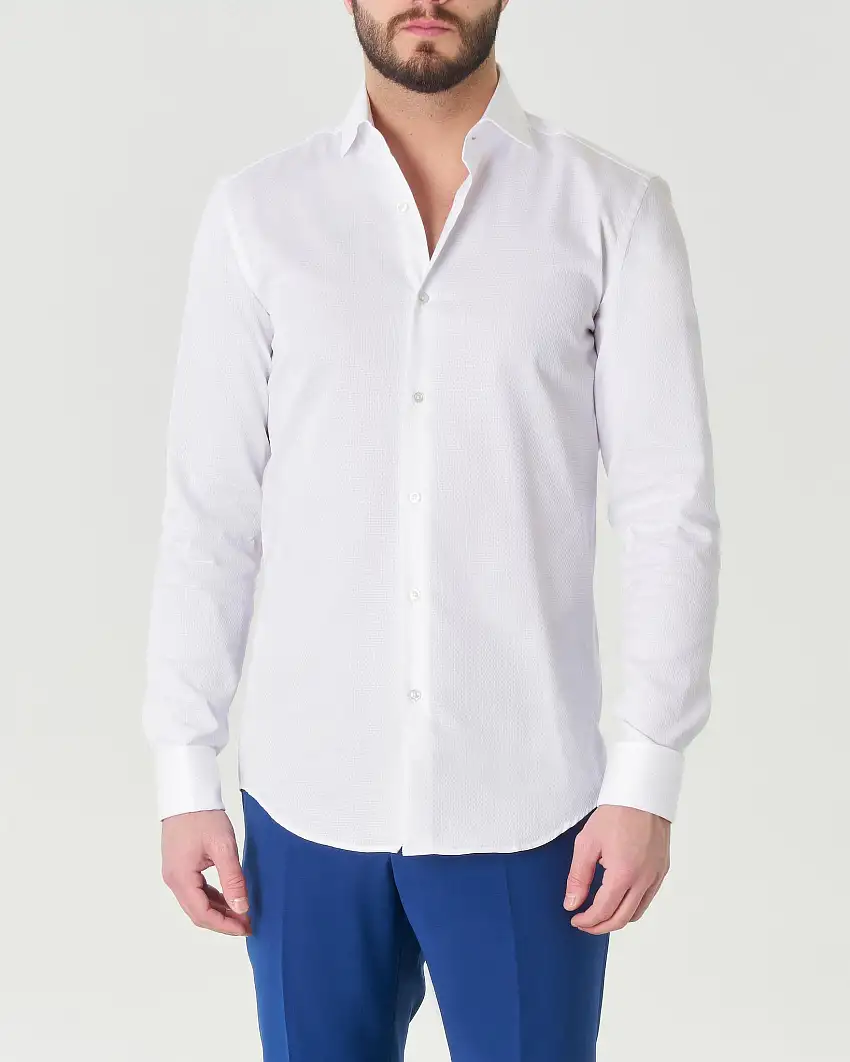 Camicia bianca Spread in tessuto micro armatura di cotone con colletto aperto alla francese e polso doppio