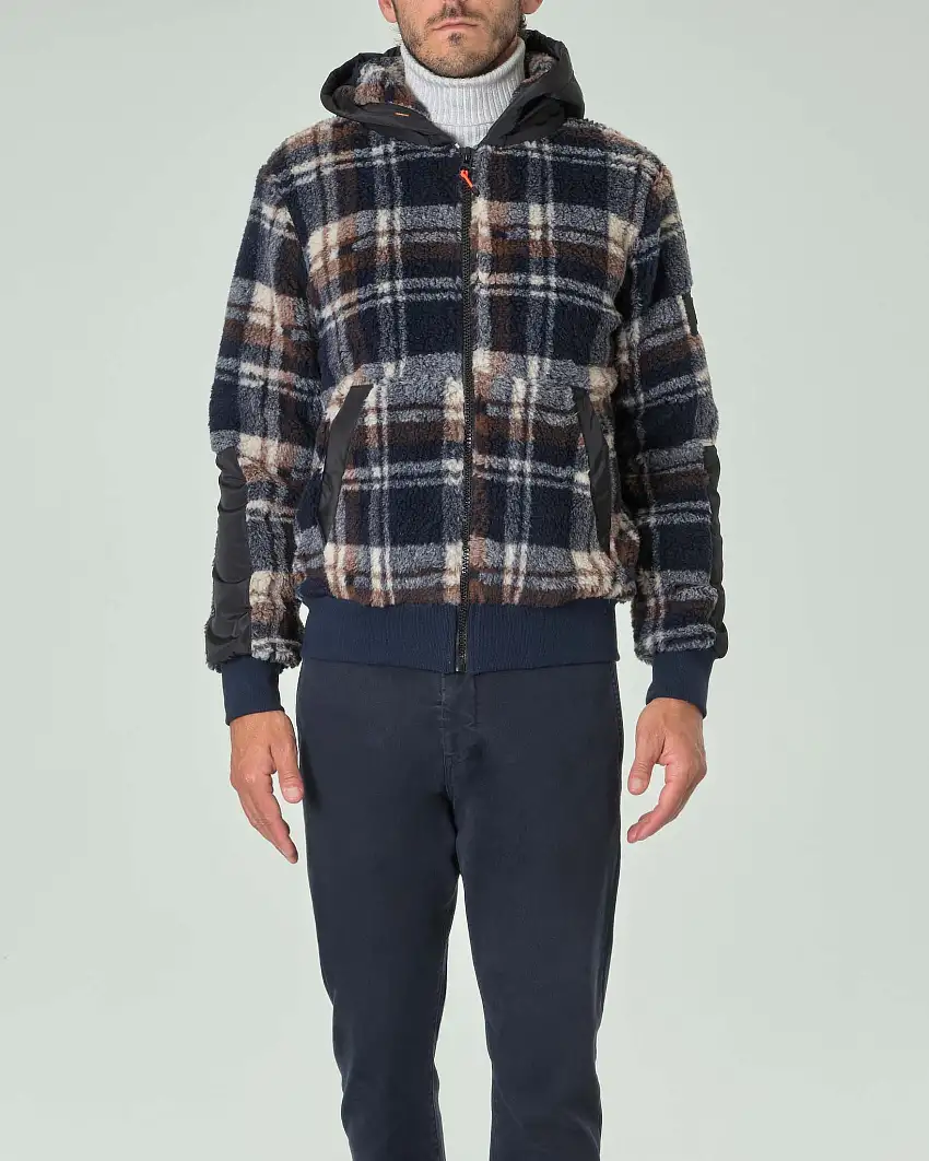 Giubbino orsetto check blu e noce con cappuccio e inserti in nylon nero