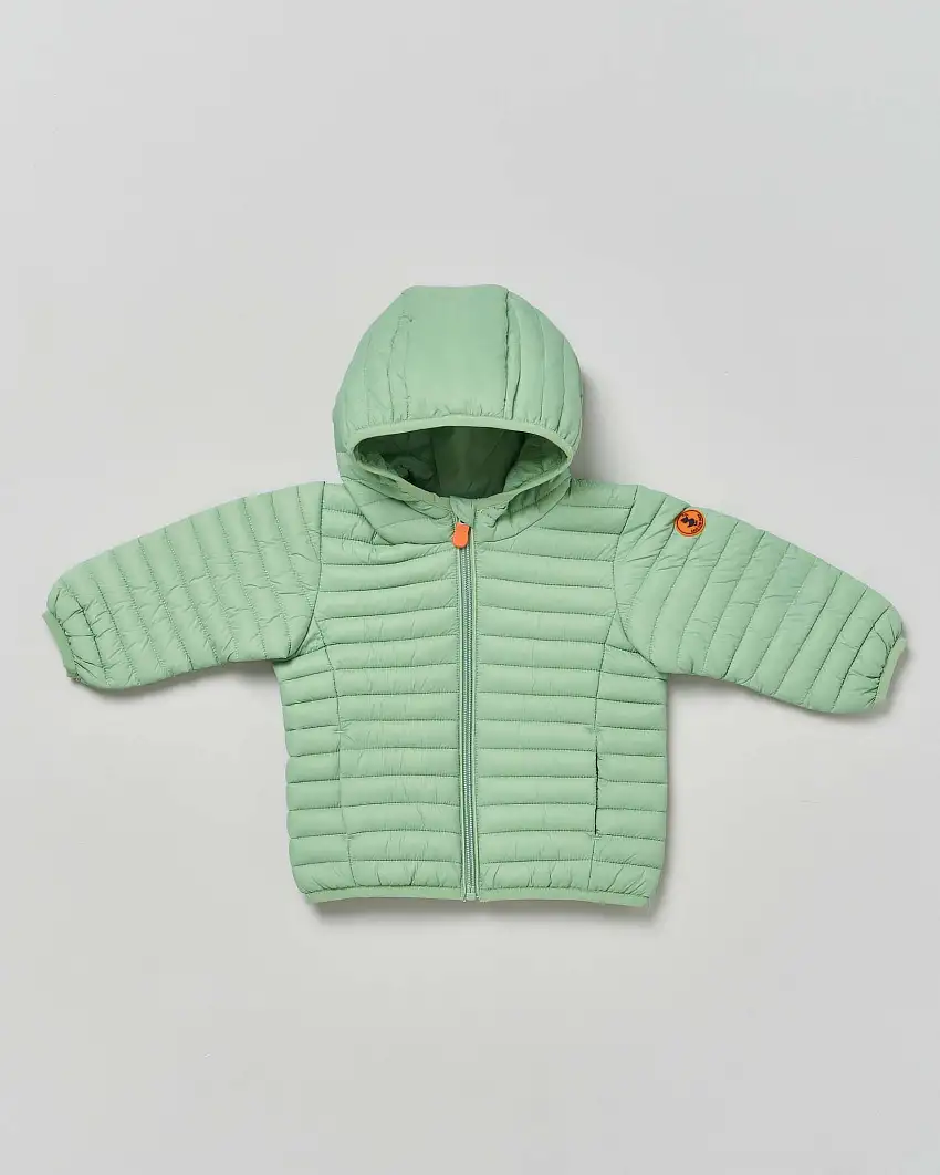 Piumino Nene salvia in nylon opaco con cappuccio fisso e imbottitura in Plumtech®