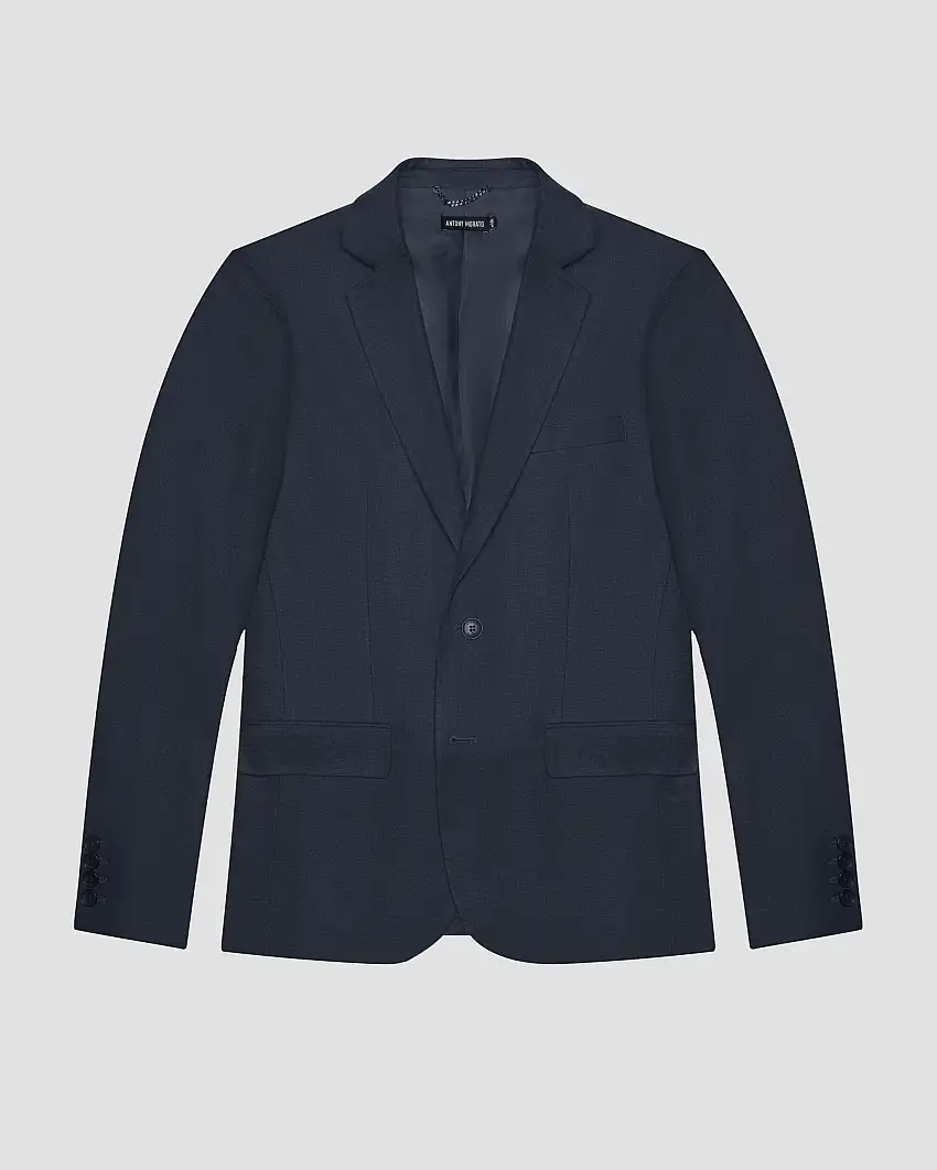 Blazer blu in misto lino e viscosa con chiusura monopetto
