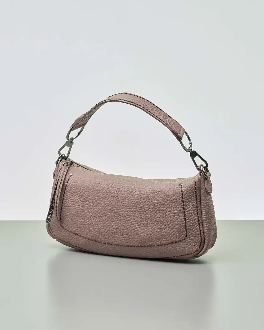 Hobo bag color mauve in pelle morbida martellata con tracolla più lunga removibile