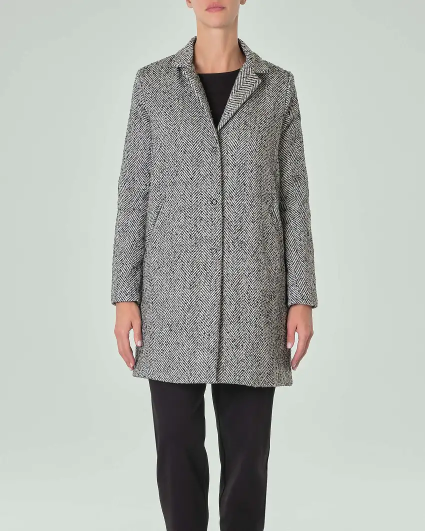 Cappottino a uovo in tessuto di misto viscosa spigato bianco e nero