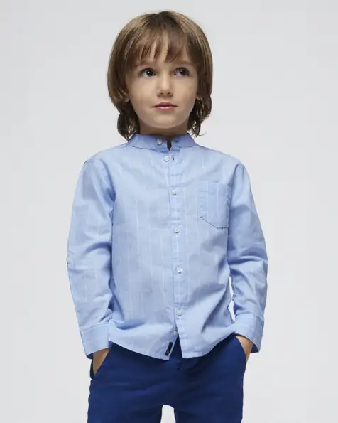 Camicia azzurra alla coreana in cotone a fantasia rigata bianca 2-8 anni