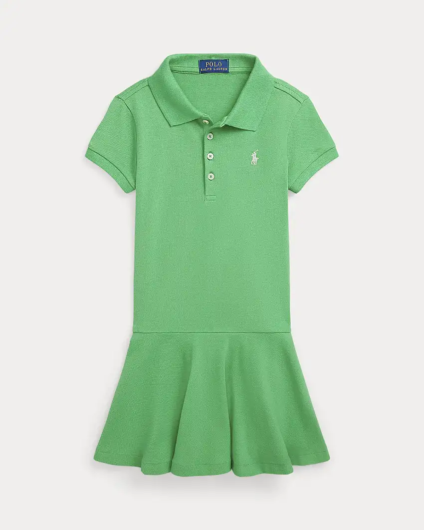 Abito polo verde in piquè di cotone stretch con balza