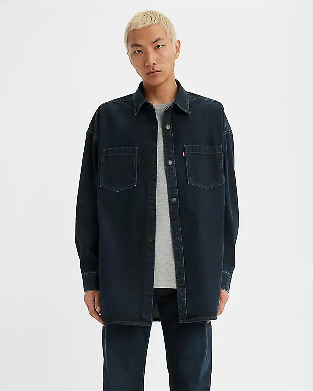 Overshirt in denim di puro cotone blu scuro