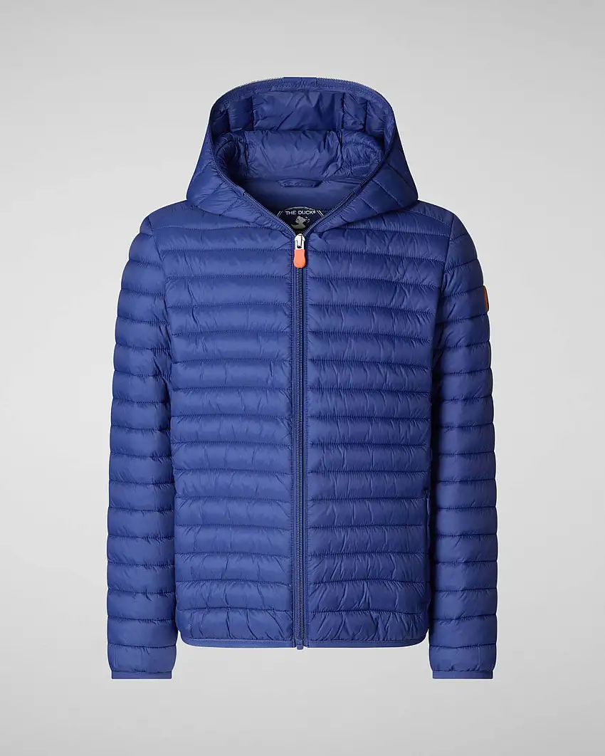 Piumino blu royal Huey con cappuccio fisso in nylon opaco imbottito in Plumtech®