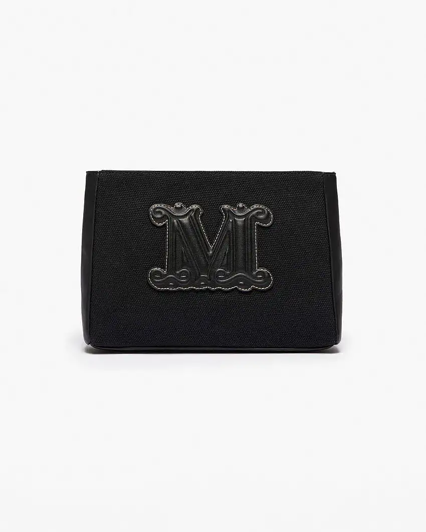 Pochette nera in canvas di cotone Max Mara Beachwear con monogramm e profili in similpelle tono su tono