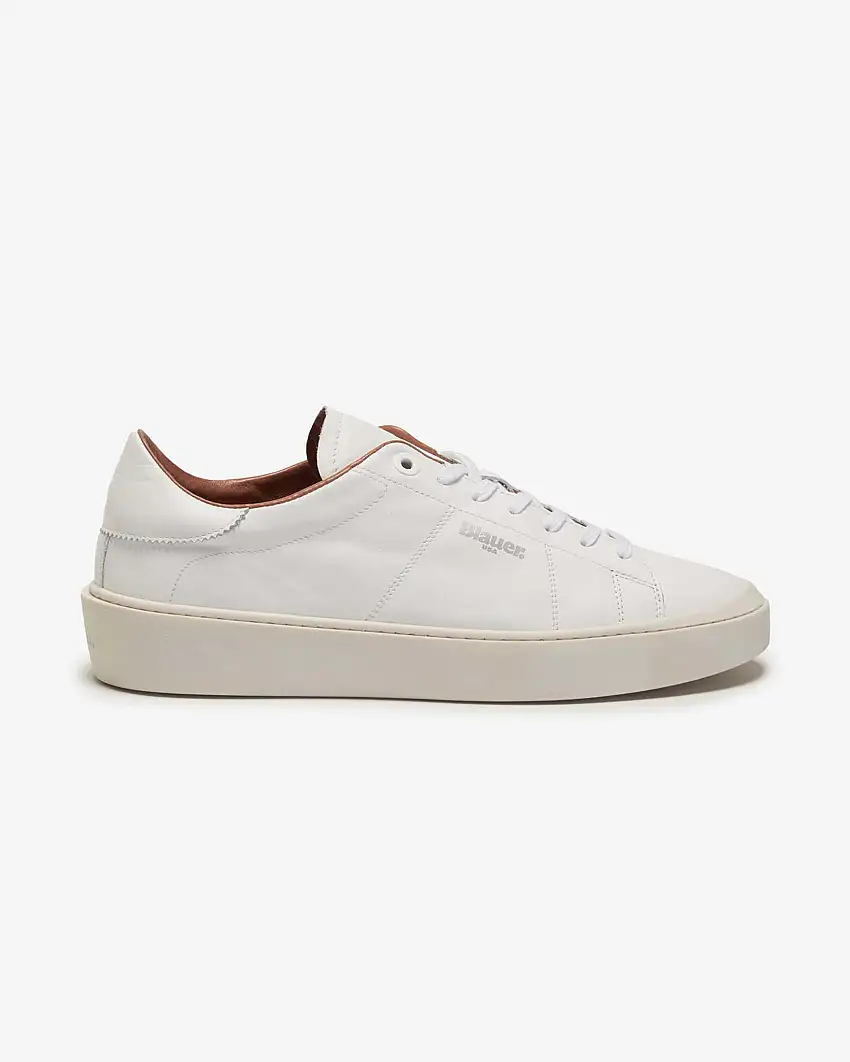 Sneaker Staten bianca in pelle con suola in gomma e profili cuoio