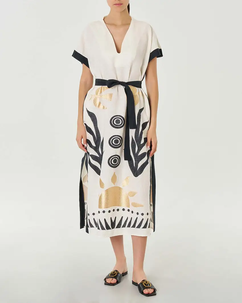 Kaftano midi color naturale in lino con ricami neri e color oro con cintura in vita