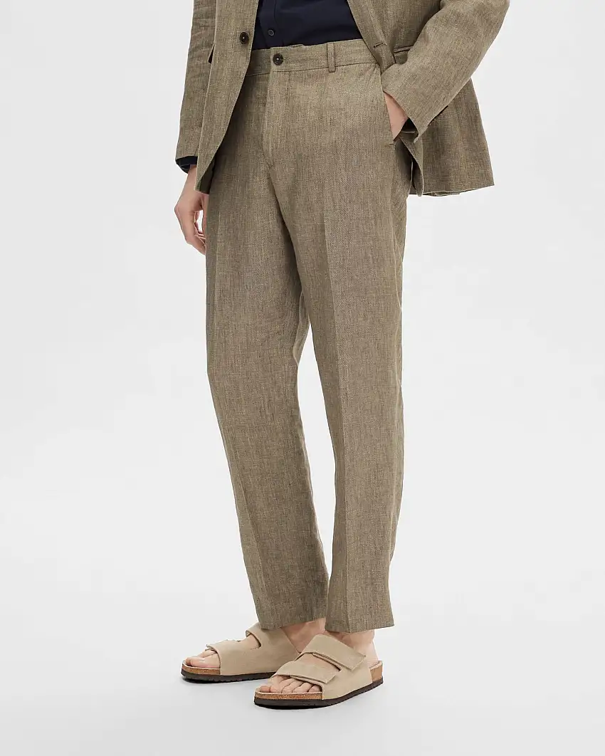 Pantaloni color noce in tela di puro lino