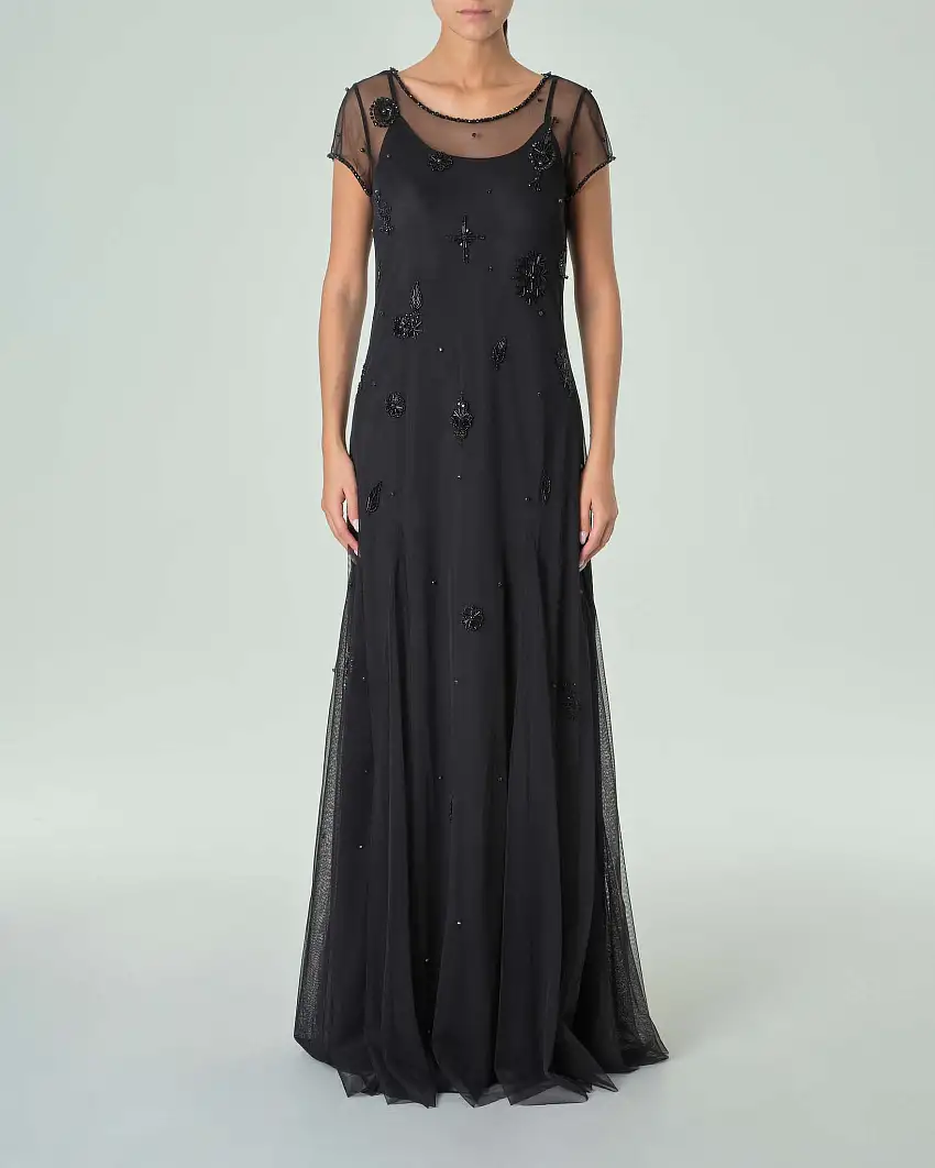 Abito lungo in tulle con ricami in perline tono su tono e sottoveste con spalline sottili