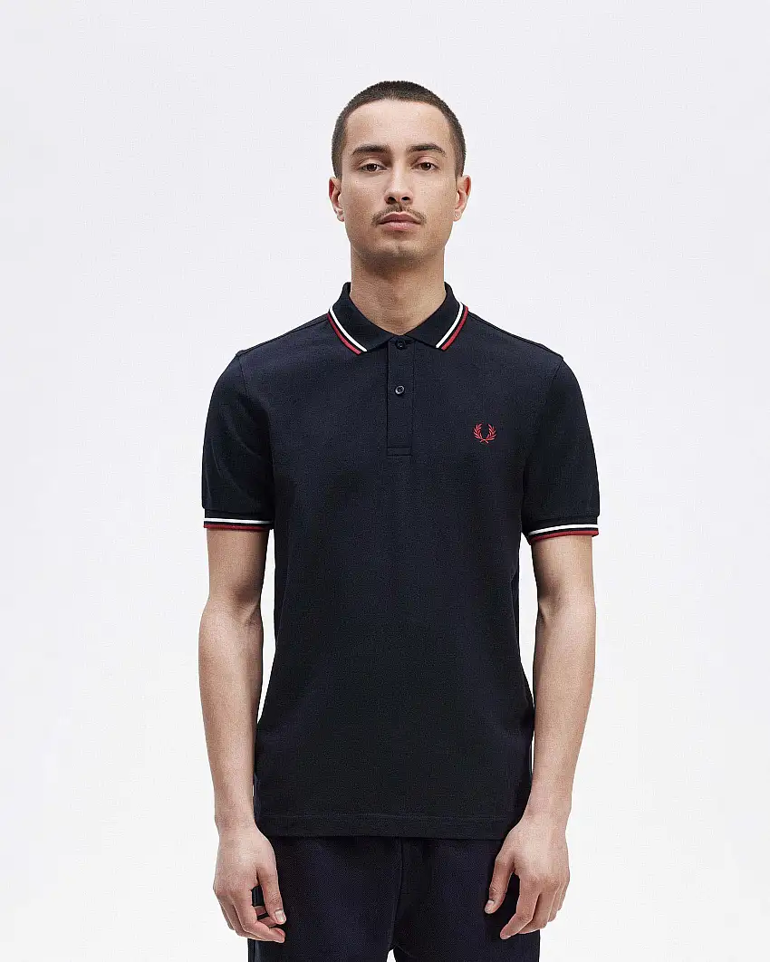 Polo blu mezza manica con bordino bianco e rosso