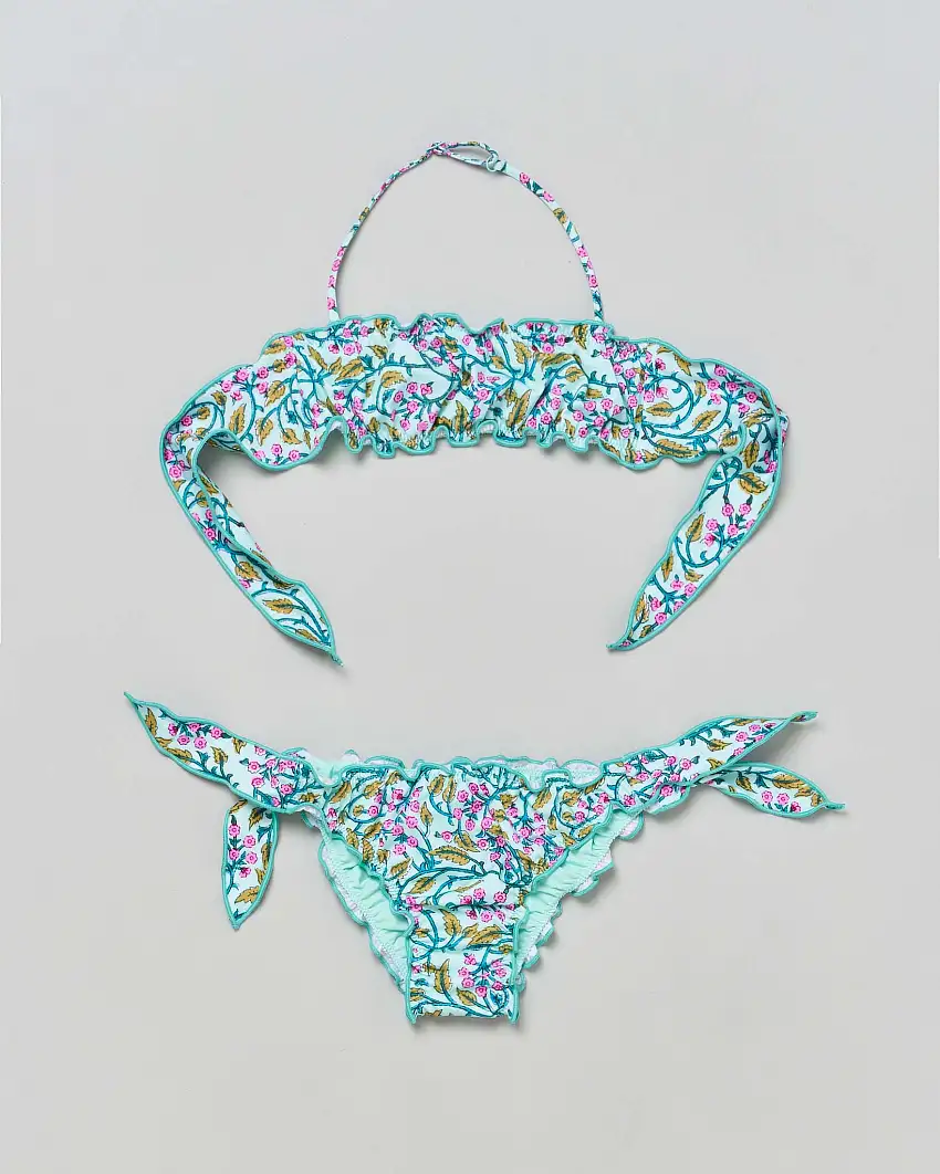 Bikini Emy a fascia verde acqua con stampa floreale fucsia