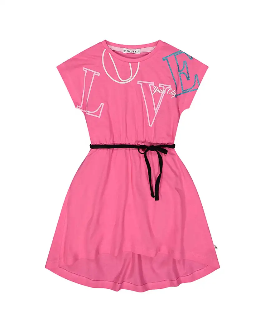 Abito fucsia in cotone a maniche corte con stampa Love glitterata e cinturino nero 8-12 anni