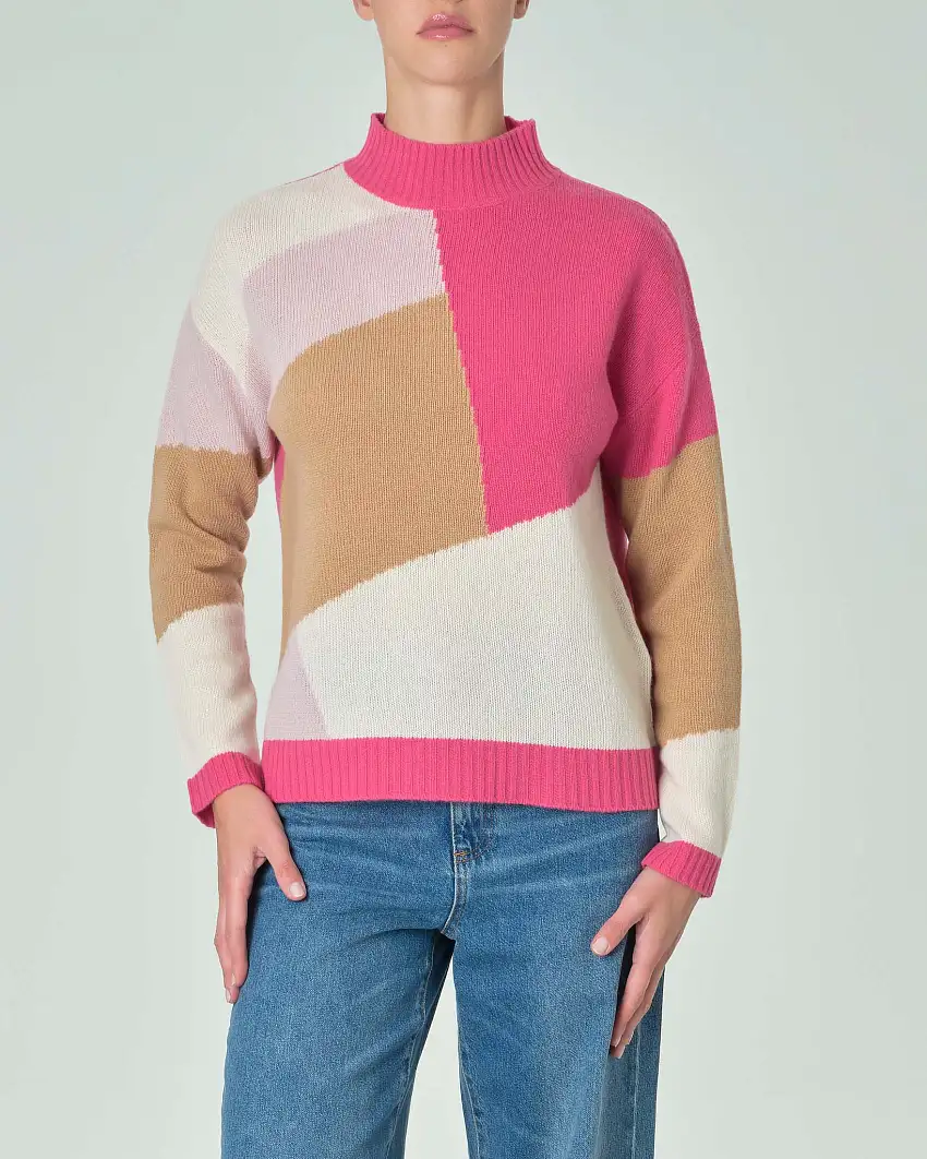 Maglia in lana a blocchi di colore rosa bubble cammello e avorio con collo in piedi