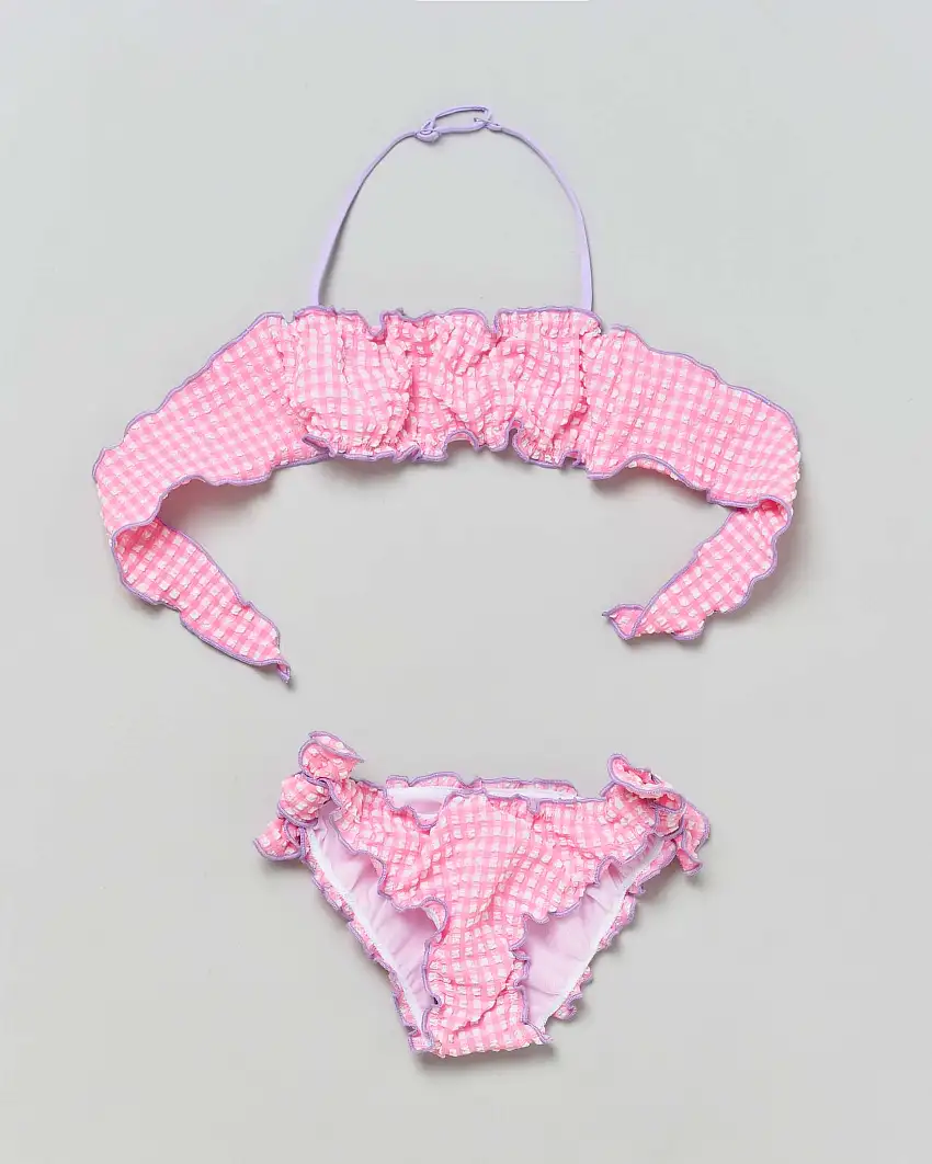 Bikini Emy a fascia in seersucker a fantasia vichy rosa e bianca con profili lilla