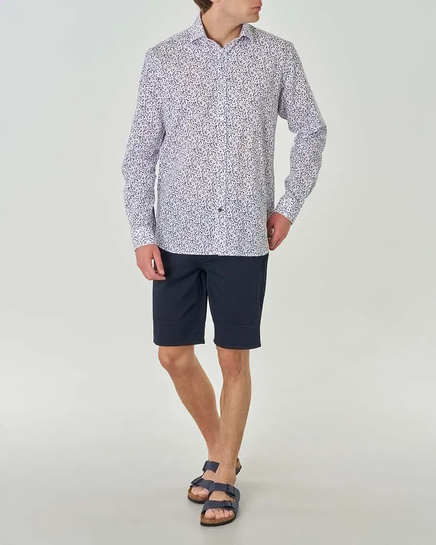 Camicia bianca in misto lino e cotone con fantasia floreale e colletto aperto alla francese