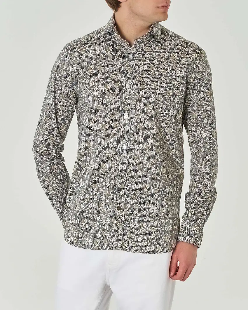 Camicia in leggera mussola di cotone con fantasia a righine e fiori con colletto aperto alla francese