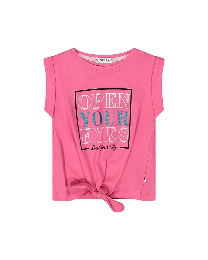 Canotta fucsia in cotone annodata con stampa scritta glitterata 4-6 anni