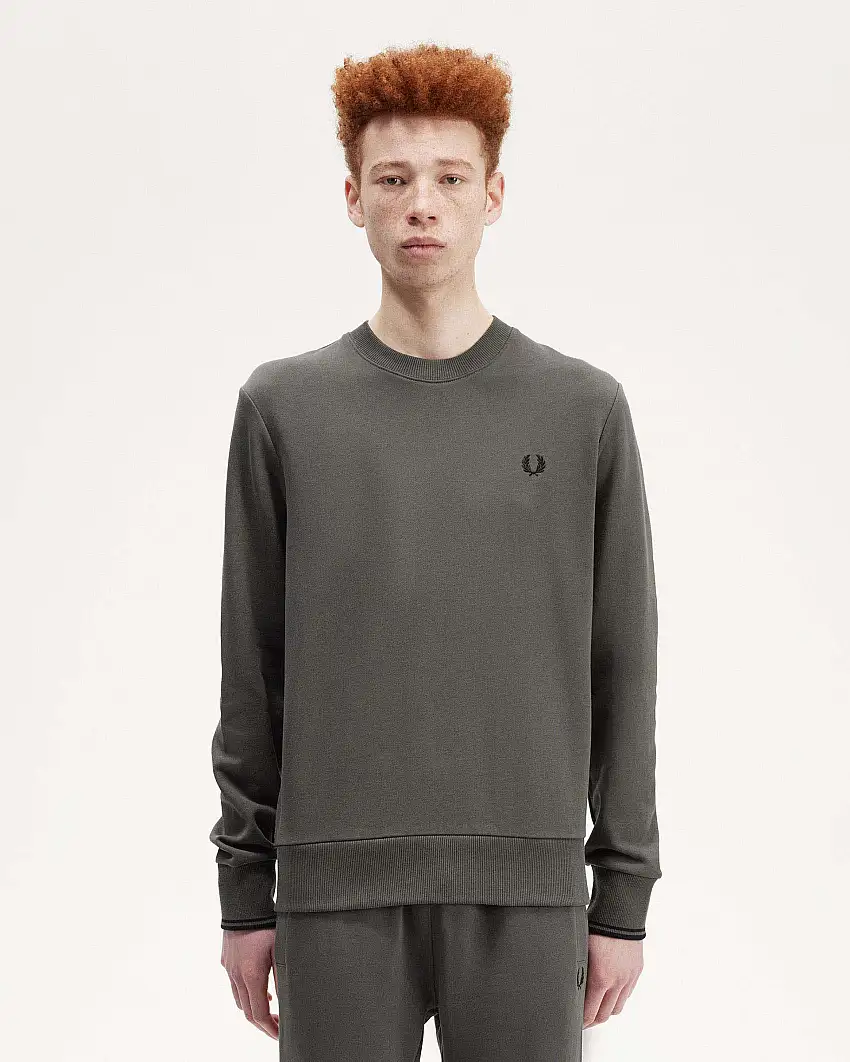 Felpa verde militare girocollo con bordino nero sulla manica