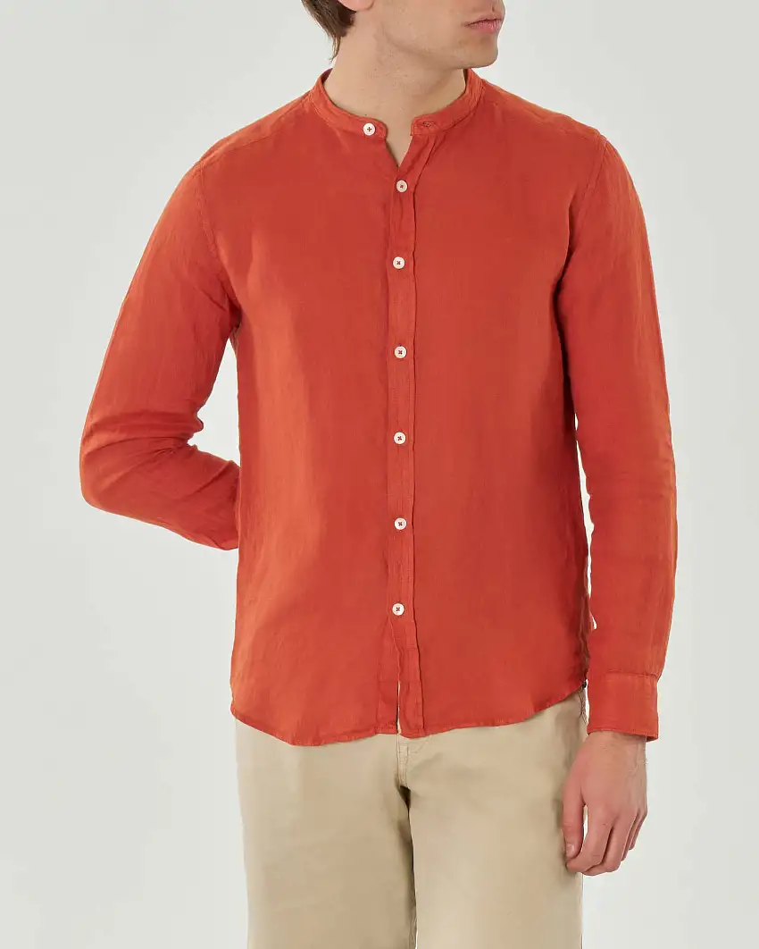 Camicia arancione in puro lino con collo a coreana