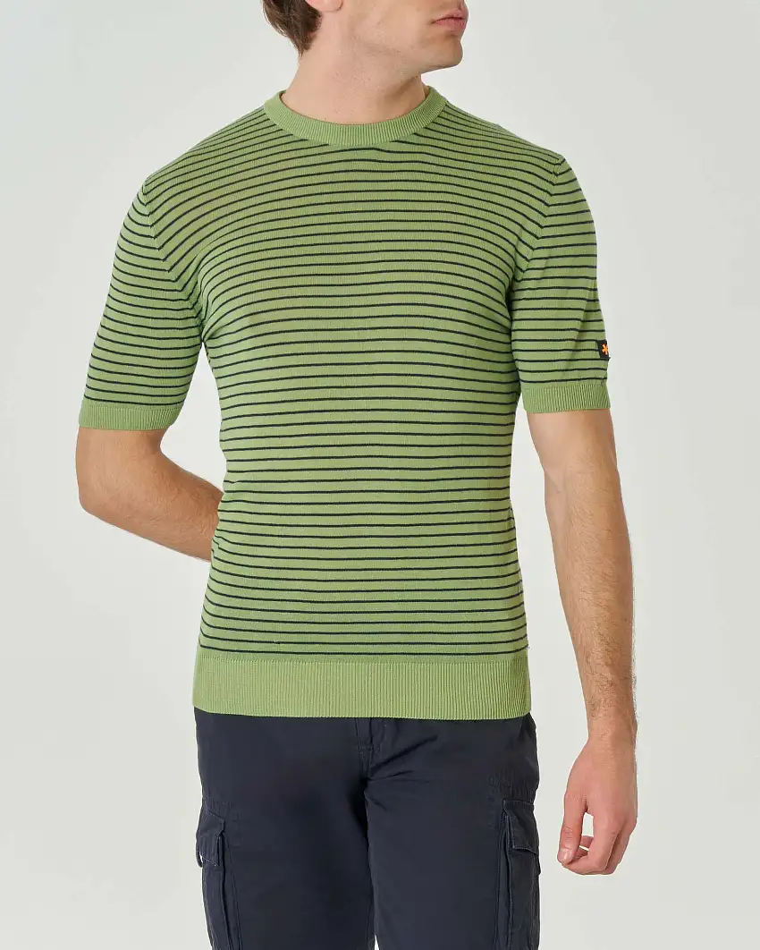 Maglia mezza manica verde in puro cotone a righine blu