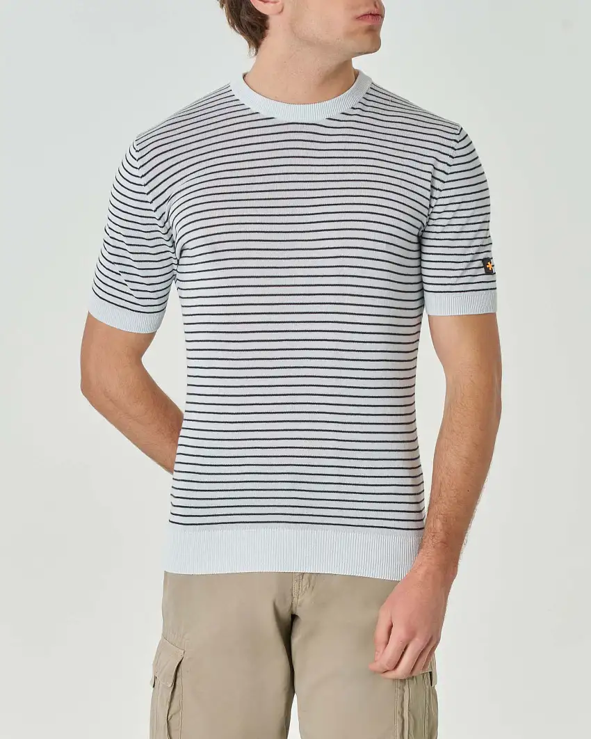 Maglia mezza manica grigia in puro cotone a righine blu