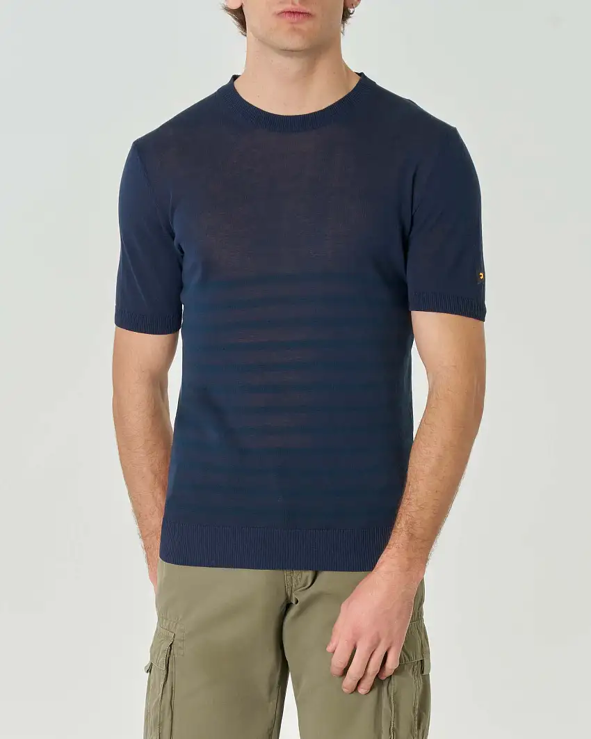 Maglia mezza manica blu in puro cotone con fantasia a righe tono su tono