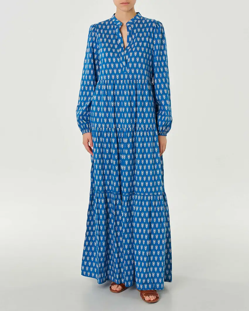 Abito lungo chemisier blu in puro cotone a fantasia floreale bianca d'ispirazone indiana