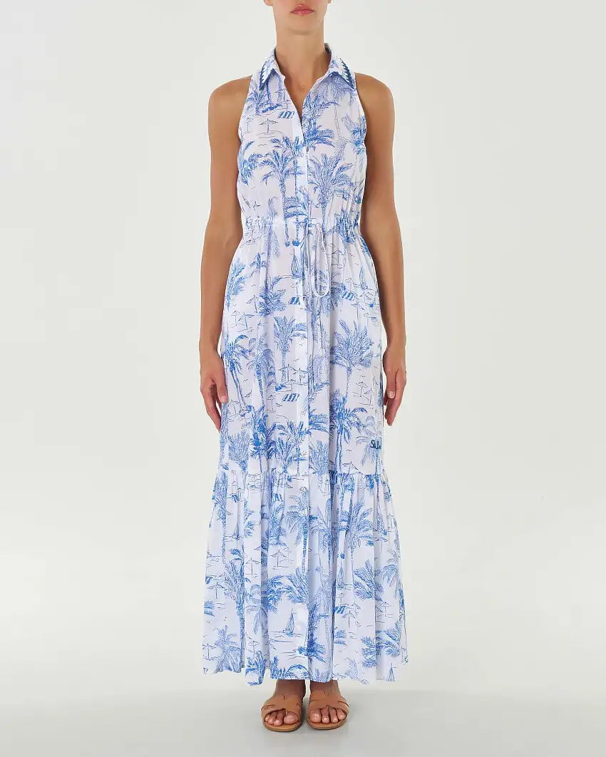 Abito lungo bianco chemisier smanicato in mussola di cotone a fantasia Saint Barth blu