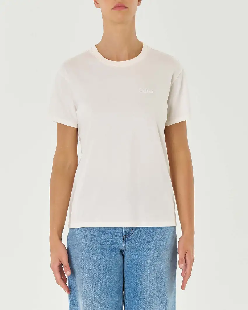 T-shirt bianca a tinta unita in puro cotone con logo piccolo ricamato sul petto in tono