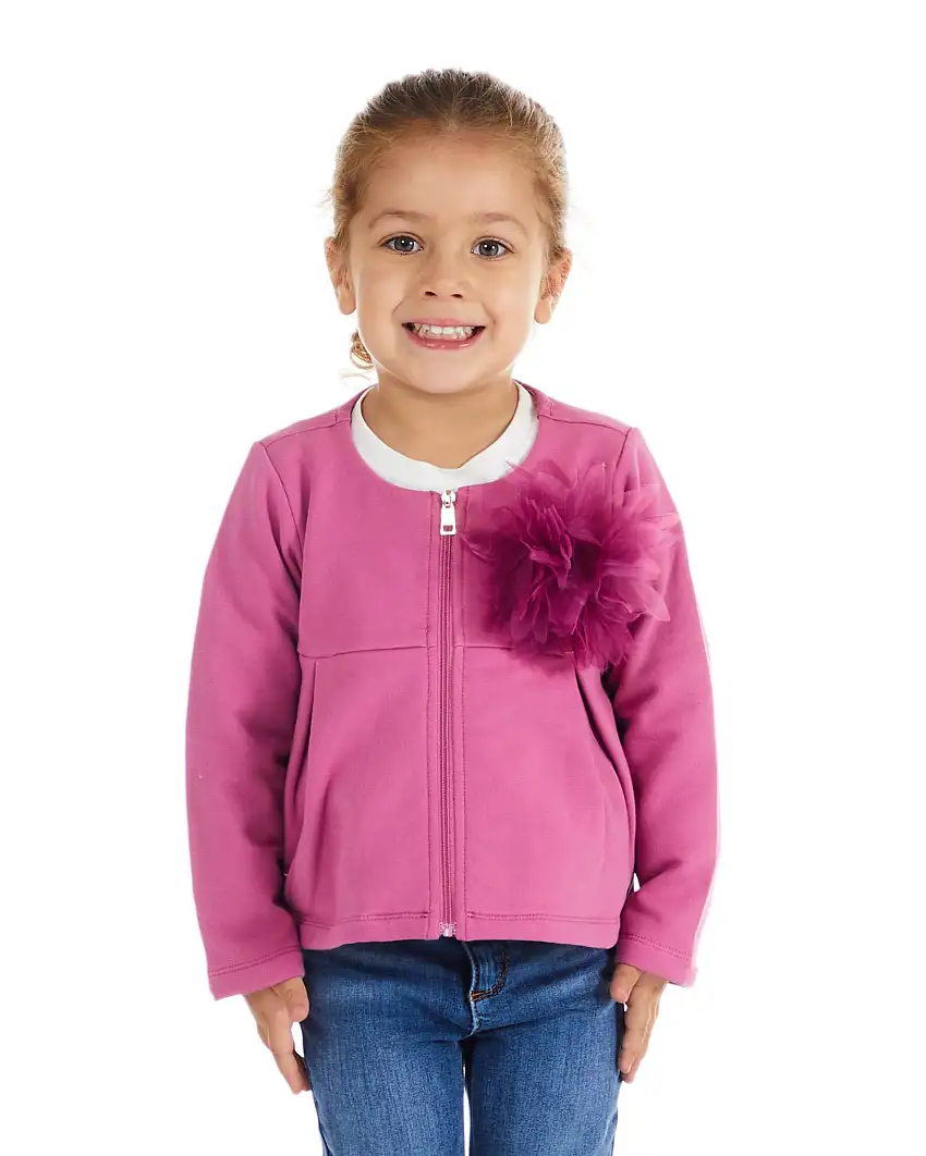 Felpa color ciclamino in cotone stretch con chiusura a cerniera e spilla in tulle sul petto