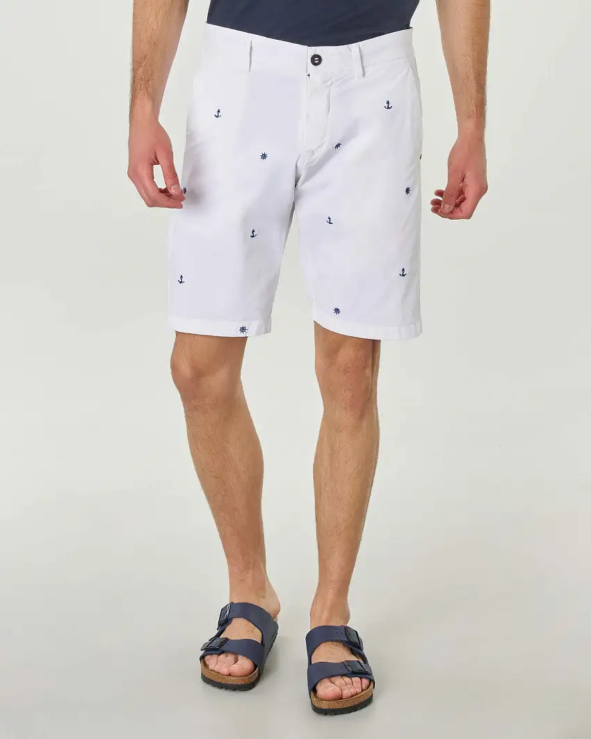 Bermuda chino bianco in cotone stretch con ricami mare jacquard